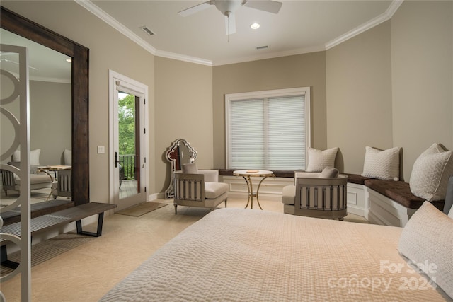 bedroom featuring crown molding, light colored carpet, ceiling fan, and access to outside