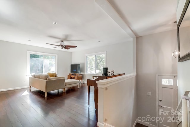 living room featuring ceiling fan and dark wood-type flooring