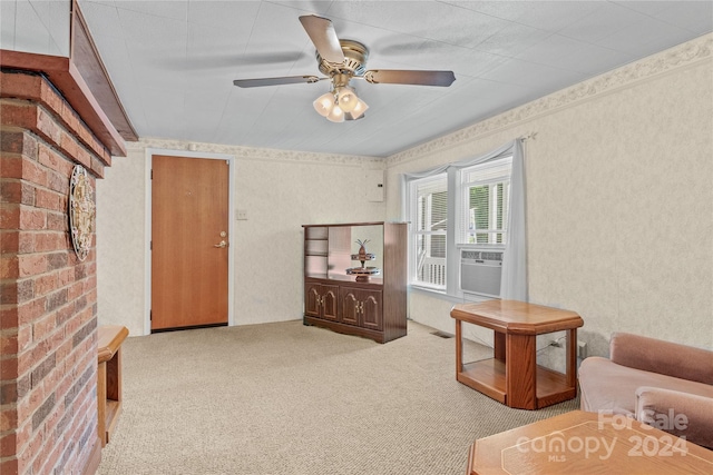 carpeted living room with cooling unit and ceiling fan