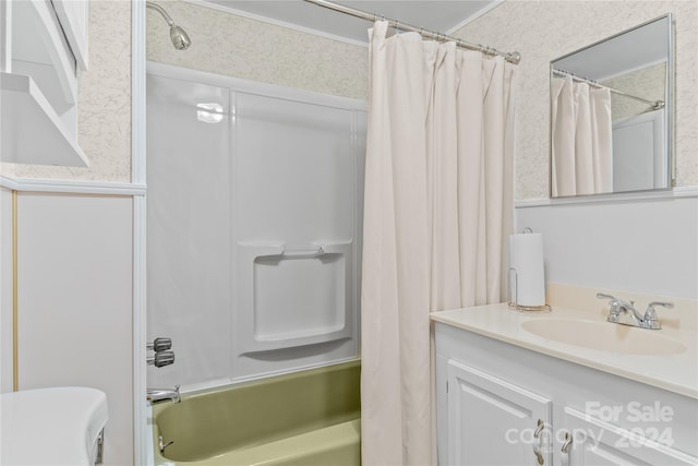 bathroom with vanity and shower / bath combination with curtain