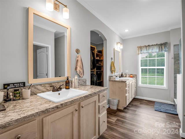 bathroom with hardwood / wood-style flooring, crown molding, and vanity