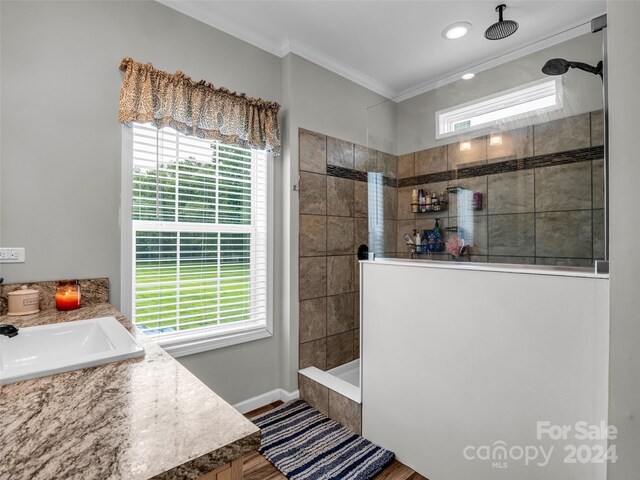 bathroom featuring tiled shower, ornamental molding, and plenty of natural light