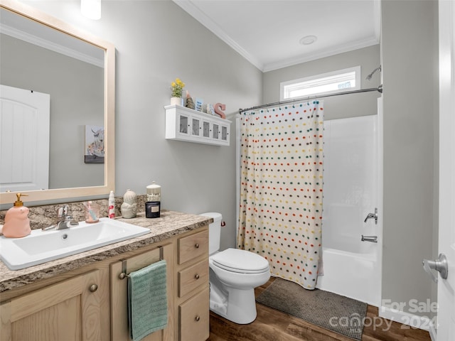 full bathroom featuring shower / bathtub combination with curtain, crown molding, vanity, wood-type flooring, and toilet