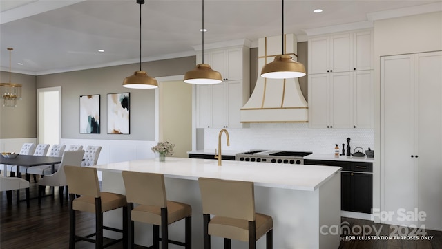 kitchen featuring range, tasteful backsplash, white cabinets, custom exhaust hood, and dark wood-type flooring