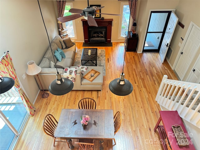 living room with light hardwood / wood-style flooring and ceiling fan