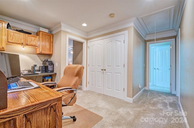 carpeted office with ornamental molding