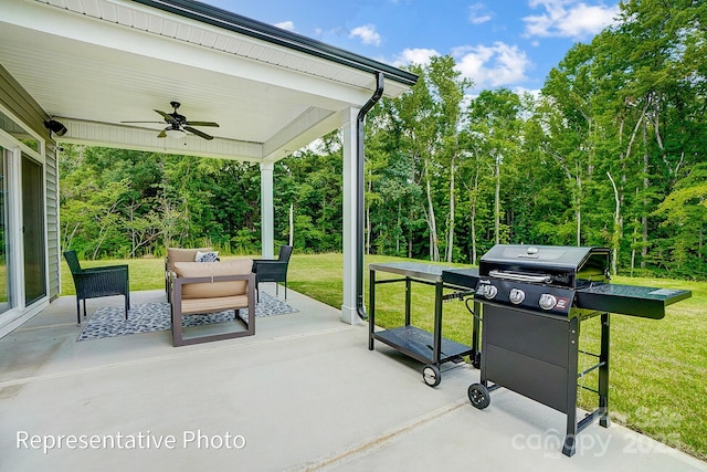 view of patio / terrace with ceiling fan, an outdoor living space, and area for grilling