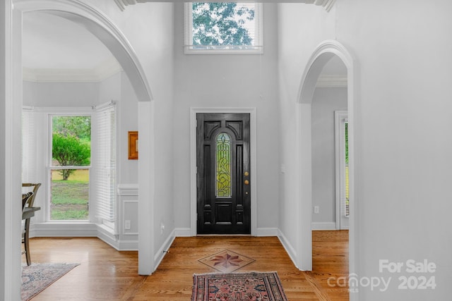 entrance foyer with a healthy amount of sunlight and light hardwood / wood-style flooring