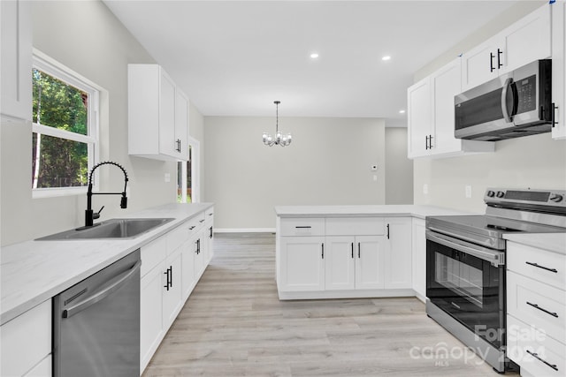 kitchen featuring a peninsula, appliances with stainless steel finishes, a sink, and white cabinetry