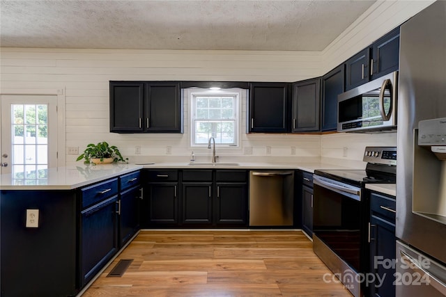 kitchen featuring a healthy amount of sunlight, appliances with stainless steel finishes, sink, and light hardwood / wood-style floors