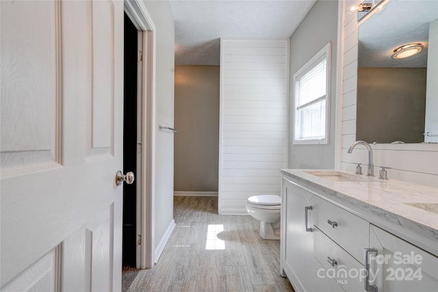 bathroom featuring vanity, wood-type flooring, a textured ceiling, and toilet