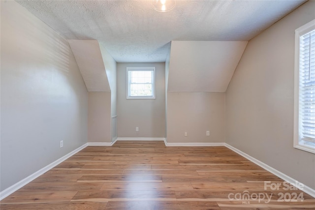 additional living space featuring vaulted ceiling, light hardwood / wood-style flooring, and a textured ceiling