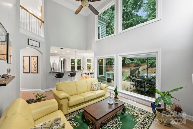 living room with ceiling fan, wood-type flooring, and a high ceiling