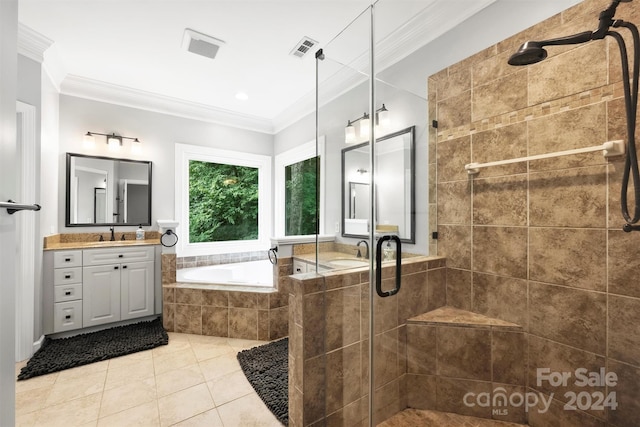 bathroom with plus walk in shower, vanity, tile patterned floors, and ornamental molding