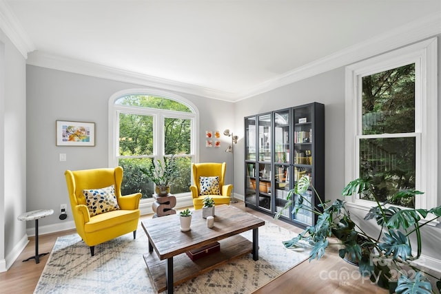 sitting room featuring light hardwood / wood-style flooring and ornamental molding