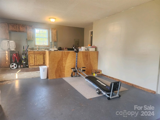 workout area with sink, electric panel, and a textured ceiling