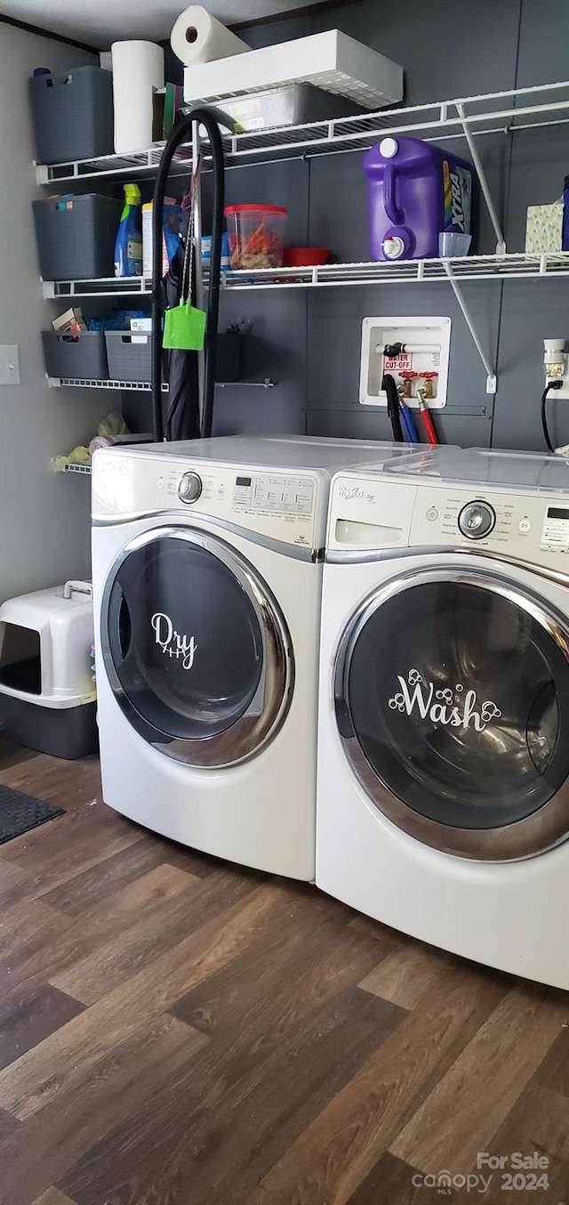 clothes washing area with independent washer and dryer and hardwood / wood-style floors