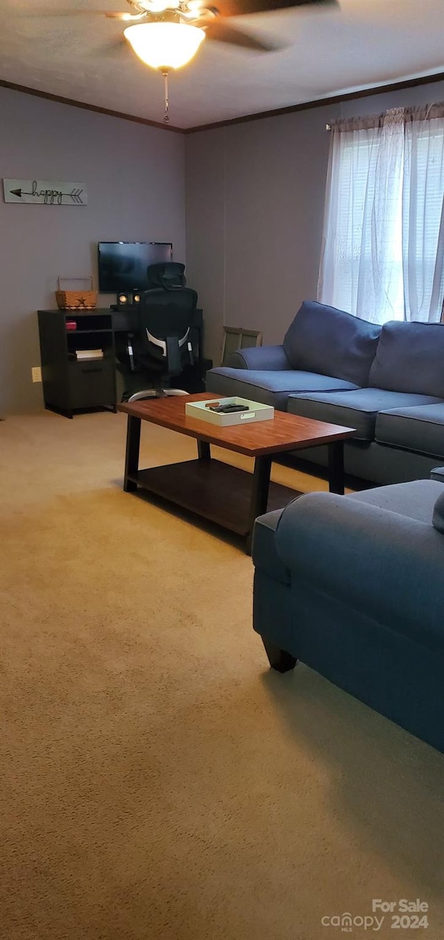 carpeted living room with ceiling fan