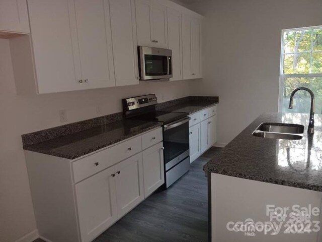 kitchen with white cabinets, stainless steel appliances, sink, and dark wood-type flooring