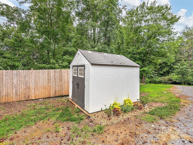 view of shed with a fenced backyard