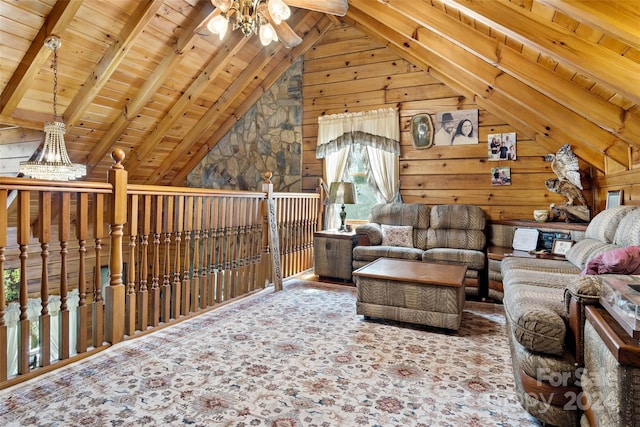 sitting room featuring vaulted ceiling with beams, carpet flooring, wood ceiling, wooden walls, and ceiling fan