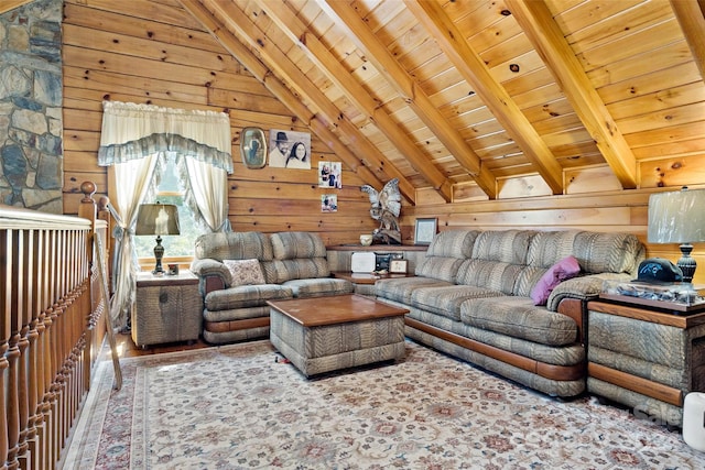 living room with wooden walls, wood ceiling, and vaulted ceiling with beams