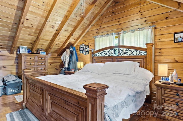 bedroom with lofted ceiling with beams, light hardwood / wood-style floors, wooden walls, and wooden ceiling