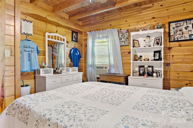 bedroom with beam ceiling, wood walls, cooling unit, and wood ceiling