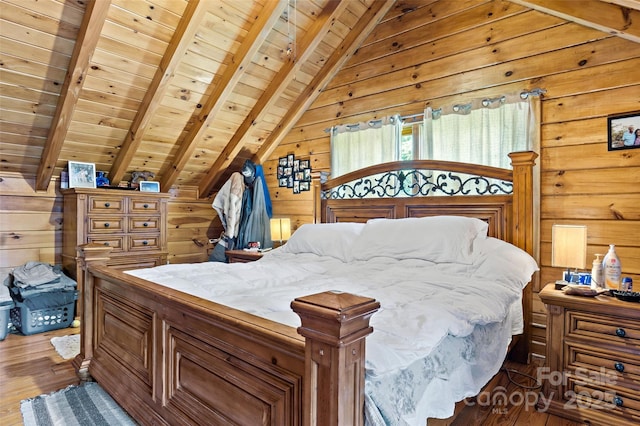 bedroom with wood walls, wooden ceiling, vaulted ceiling with beams, and wood finished floors