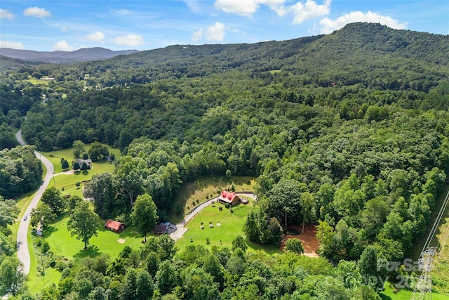 drone / aerial view featuring a wooded view and a mountain view