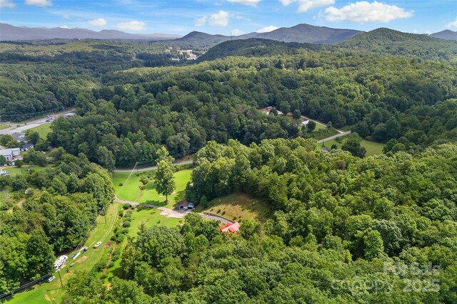 aerial view featuring a wooded view and a mountain view