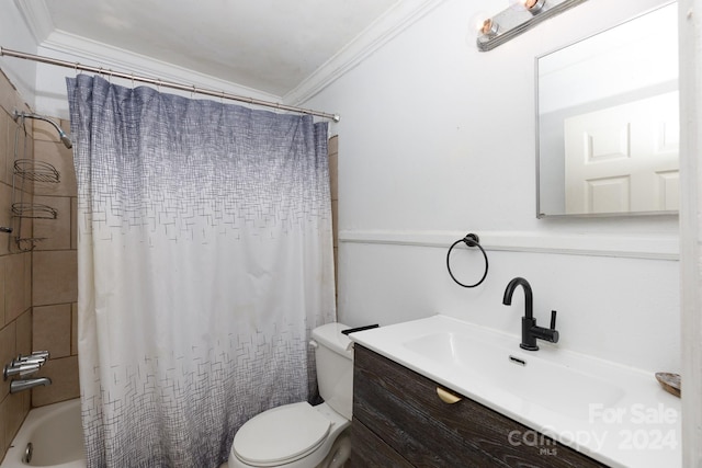 full bathroom featuring shower / tub combo, vanity, ornamental molding, and toilet