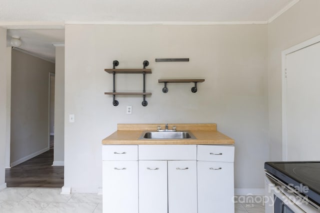 kitchen with white cabinetry, sink, crown molding, and electric stove