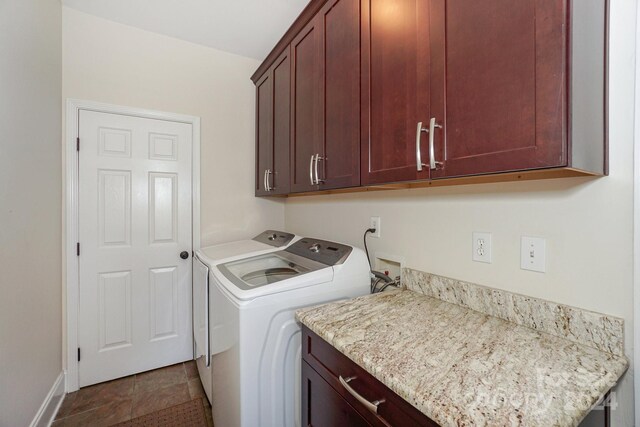 laundry room featuring tile patterned flooring, independent washer and dryer, and cabinets