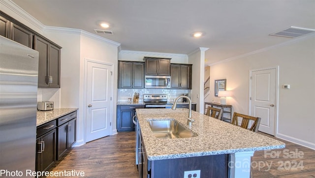 kitchen with appliances with stainless steel finishes, an island with sink, a sink, and visible vents