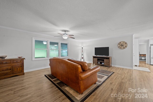 living room with ceiling fan, a textured ceiling, light hardwood / wood-style flooring, and ornamental molding