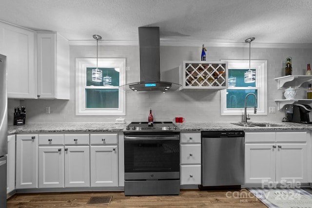 kitchen with appliances with stainless steel finishes, sink, pendant lighting, and range hood