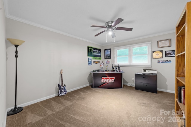 office with carpet floors, ceiling fan, and ornamental molding