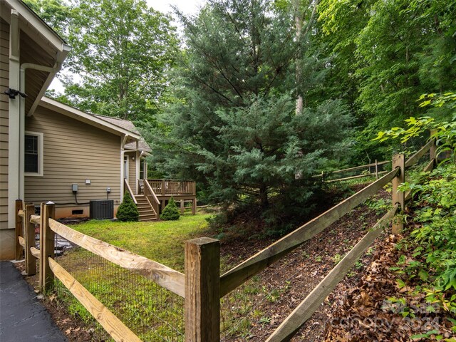 view of yard with a wooden deck and central AC