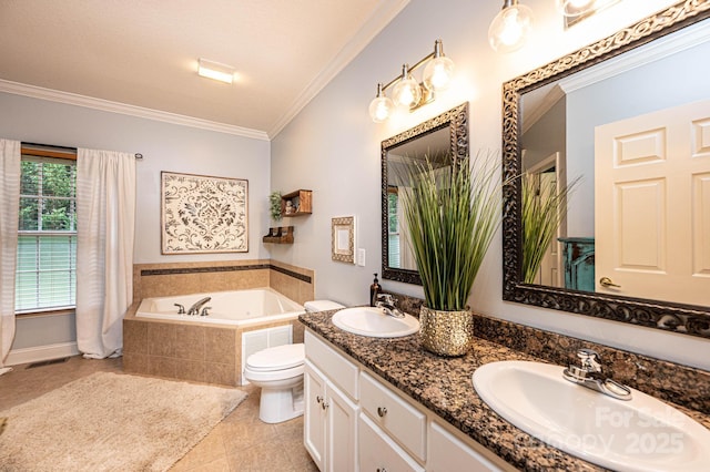 bathroom featuring toilet, a relaxing tiled tub, tile patterned floors, ornamental molding, and vanity