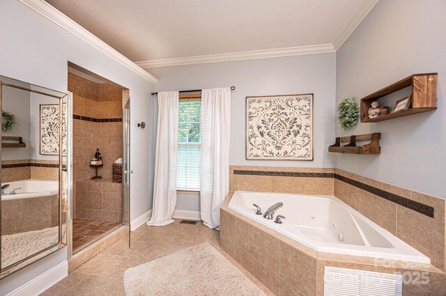 bathroom featuring independent shower and bath, tile patterned flooring, and crown molding