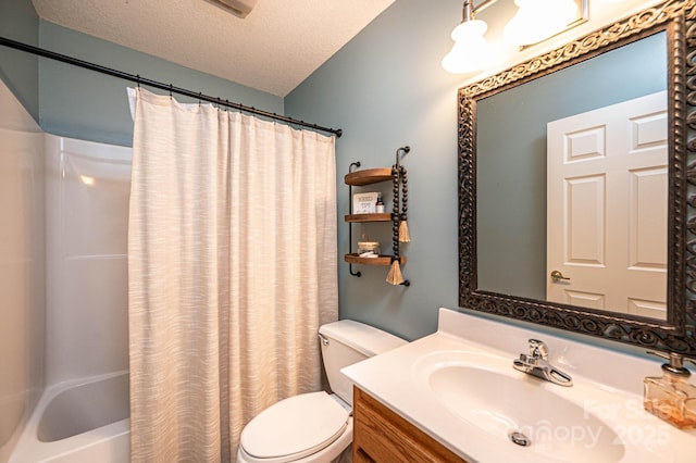 full bathroom featuring a textured ceiling, toilet, vanity, and shower / tub combo with curtain