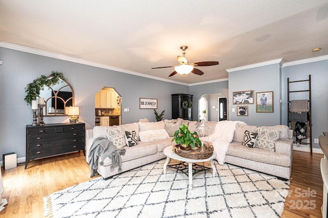 living room with ceiling fan, ornamental molding, and light hardwood / wood-style flooring