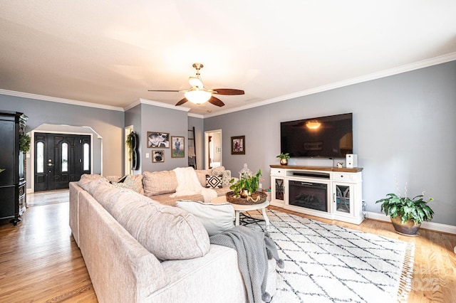 living room with ceiling fan, light wood-type flooring, a fireplace, and crown molding