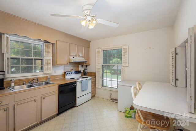 kitchen with ceiling fan, black dishwasher, white electric stove, and plenty of natural light