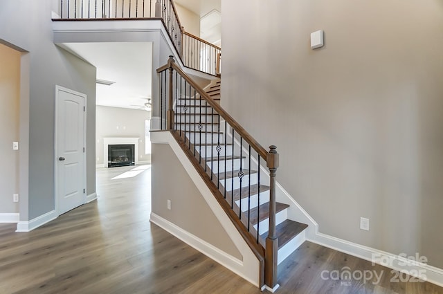 staircase featuring wood-type flooring and a towering ceiling