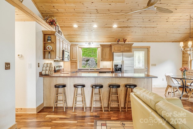 kitchen featuring open shelves, appliances with stainless steel finishes, wood ceiling, vaulted ceiling, and light wood-type flooring