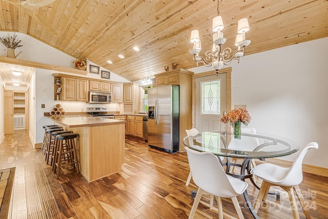 kitchen featuring open shelves, light wood-style floors, wood ceiling, and stainless steel appliances