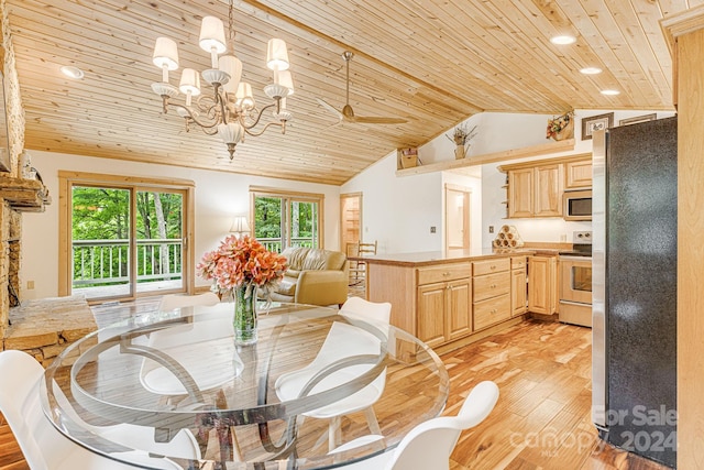 dining space with wooden ceiling, recessed lighting, a ceiling fan, light wood-style floors, and vaulted ceiling