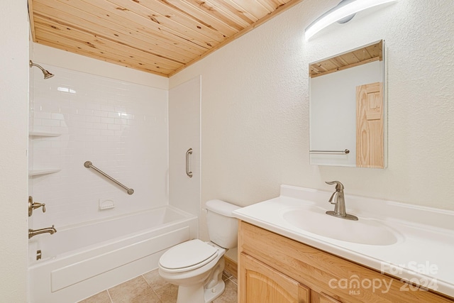 bathroom featuring wooden ceiling, tile patterned flooring, toilet, vanity, and  shower combination